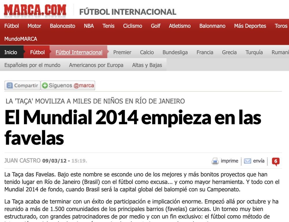 Portada de Marca: “El Mundial 2014 empieza en las favelas”